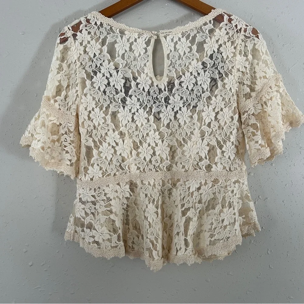 Free People Cream Lace Flutter Sleeve Blouse Black Embroidery Small